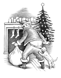 Dog pulling Santa's pants