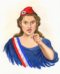 Woman wearing traditional French clothing pointing
