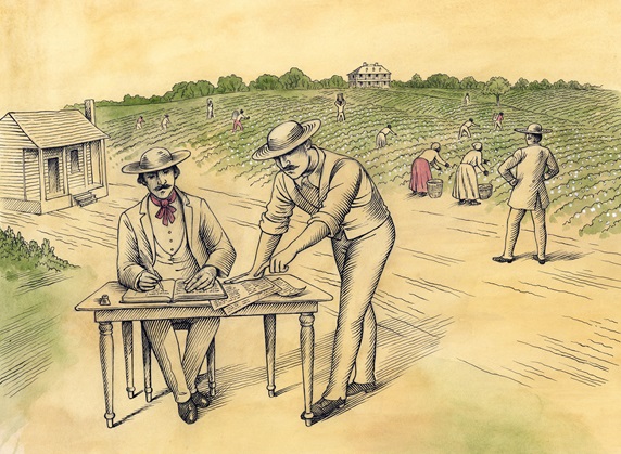 Two farmers doing paperwork at table by agricultural field