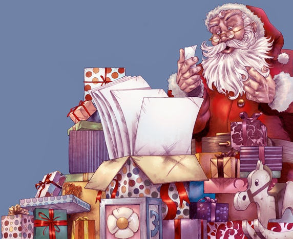 Santa Claus reading christmas wish list surrounded by presents