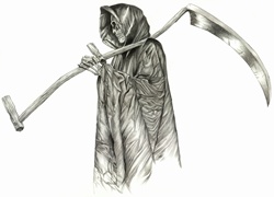The grim reaper skeleton in cape carrying scythe