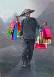 Man wearing traditional Asian clothing carrying colorful shopping bag on mountain road
