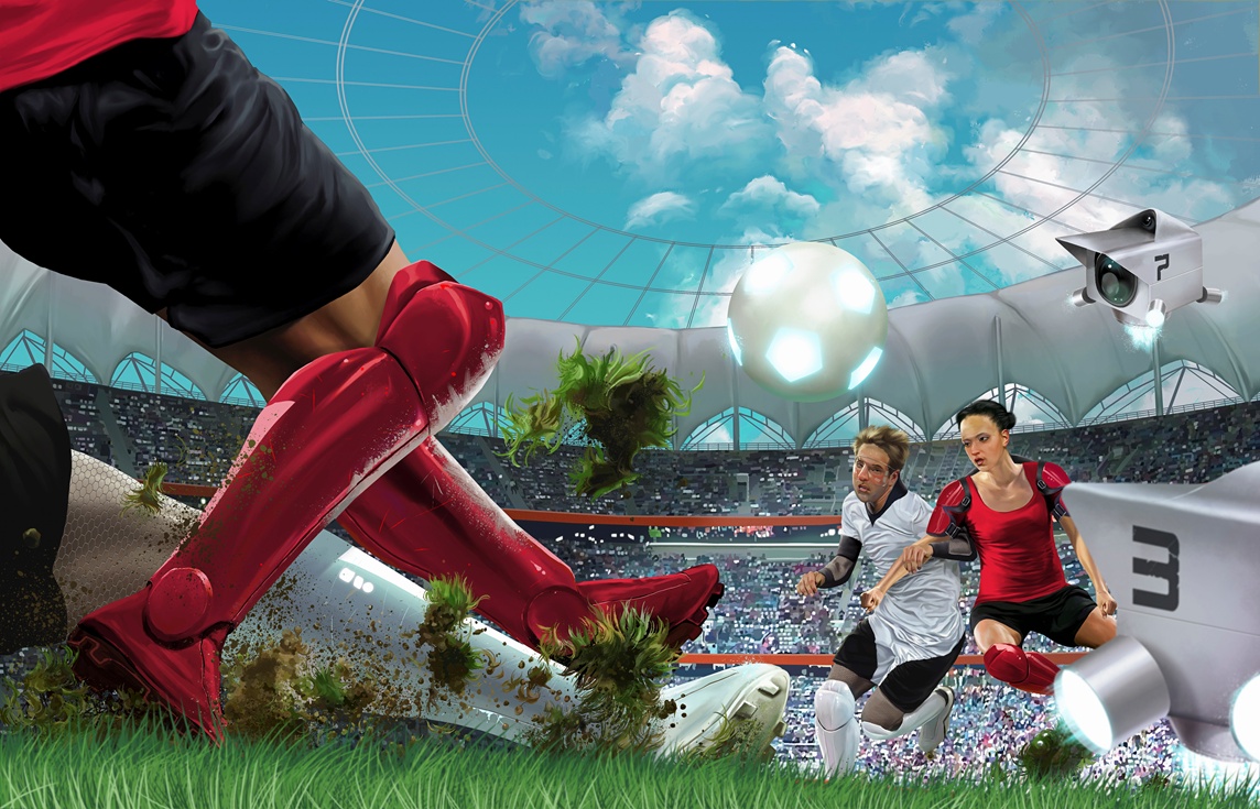 Futuristic game of soccer in stadium Stock Images