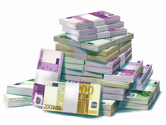 Large pile of European Union banknotes