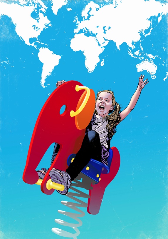 Happy girl playing on spring ride with world map clouds