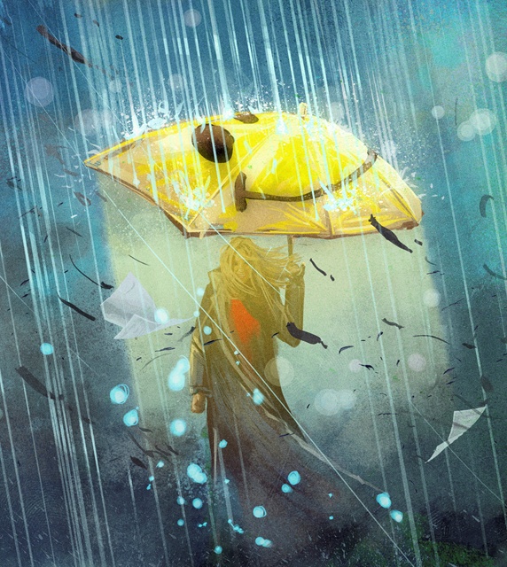 Happy woman with smiley face umbrella in rain storm