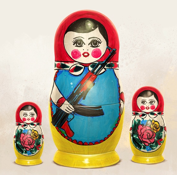 Russian nesting dolls nervously watching large doll holding machine gun