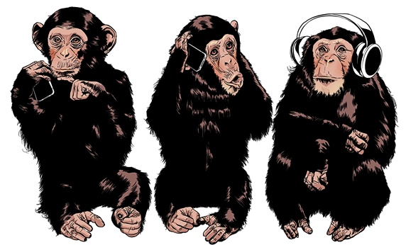 Three monkeys see no evil, hear no evil, speak no evil using modern technology