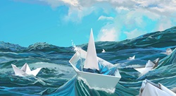 Paper boats sinking on stormy sea