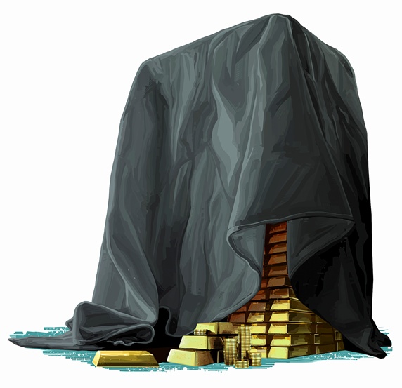Cloth hiding pile of gold bars and coins