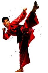 Man in red kimono kicking