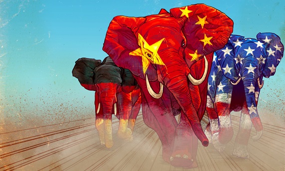 Running elephants painted in national flags colors