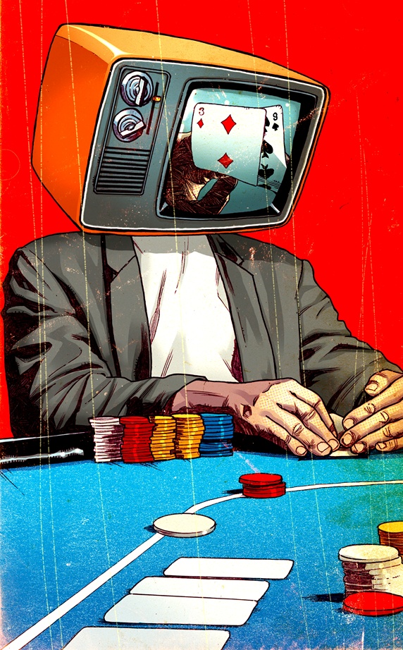 Person with old TV instead head playing poker