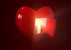 Digitally generated heart shape, light and open door