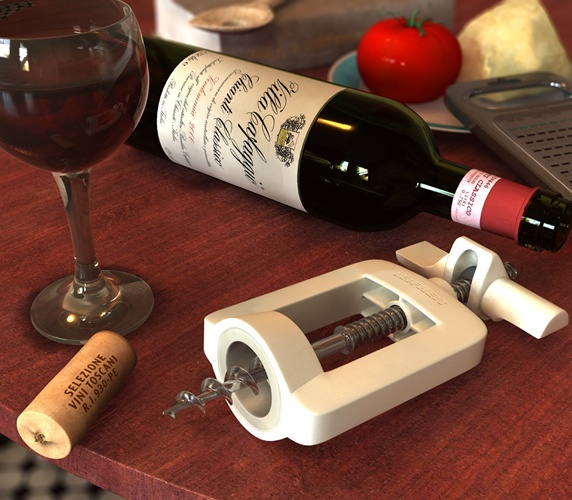 Wine bottle, wine glass, cork and corkscrew on table