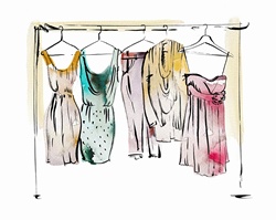 Women's clothing hanging on coathangers on clothes rail