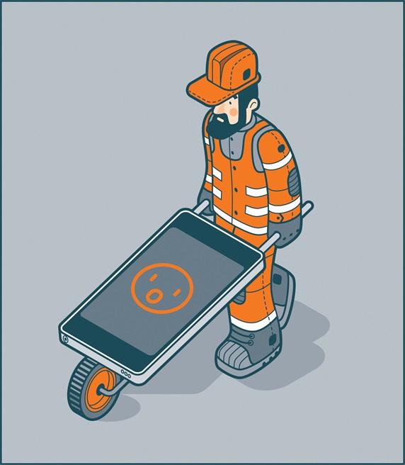 Workman pushing smart phone wheelbarrow with surprised emoji