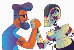 Man and robot arm wrestling