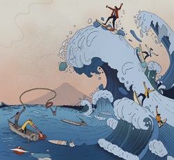 The ups and downs of business in parody of Hokusai's wave
