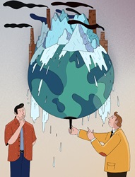 Men watching glaciers melt on global warming globe