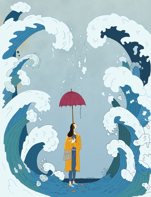 Woman between huge waves with inadequate umbrella