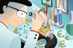 Scientist examining euro sign under microscope