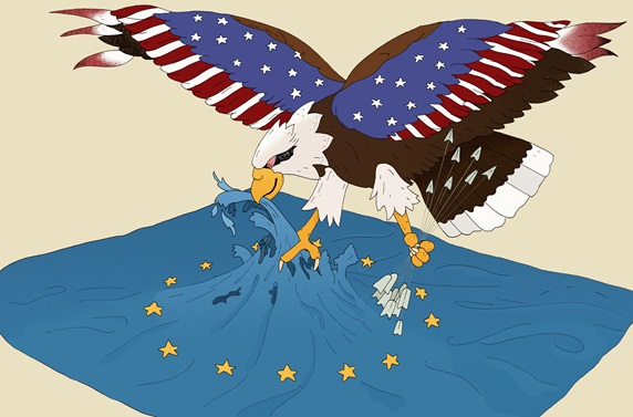 United States eagle attacking European Union flag