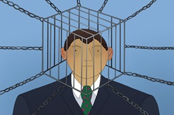 Businessman with head trapped inside of cage