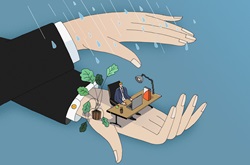 Hands sheltering businessman from rain