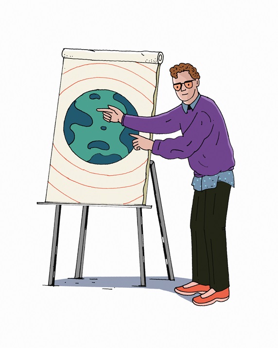 Man pointing to planet earth on flipchart