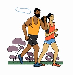 Man and woman jogging together with fitness trackers