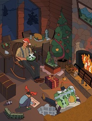 Family with Christmas gifts at fireplace