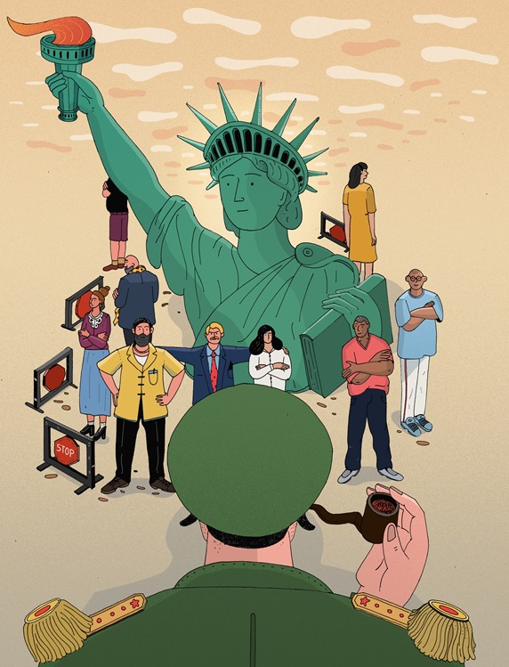 People representing different occupations surrounding Statue of Liberty