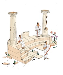 Men in ancient Roman robes in Senatus Populusque Romanum ruins