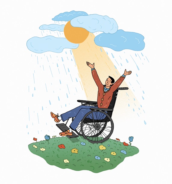 Sun shining on happy man in wheelchair