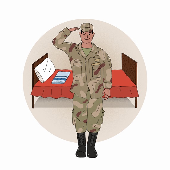 Soldier saluting standing beside bed