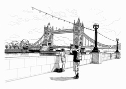 Black and white drawing of tourists photographing Tower Bridge, London