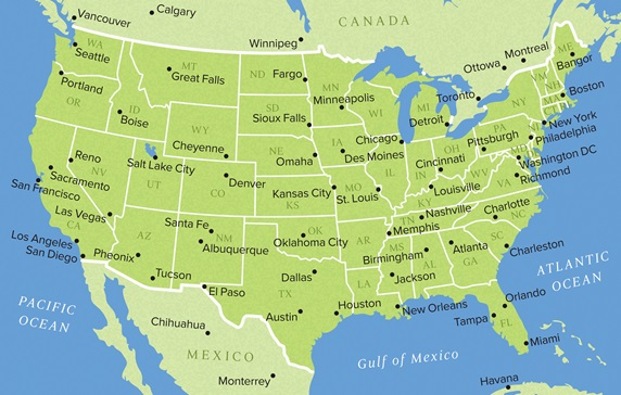 Map of states and major cities in the United States