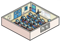 Teacher and students at computer class