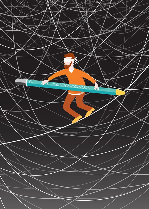 Blindfolded man walking tightrope balancing with pencil among lots of tangled lines