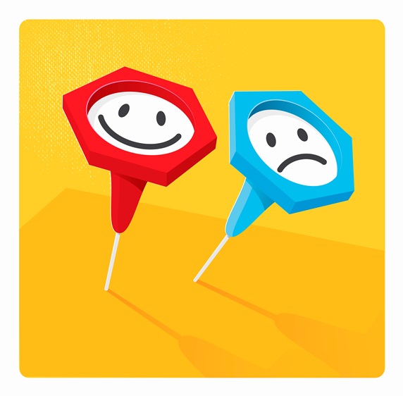 Contrasting indicator push pins with happy and sad smiley faces