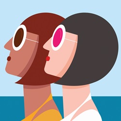 Two matching women looking up in sunglasses