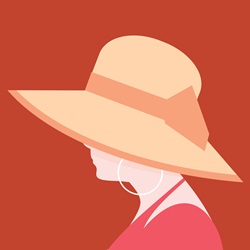 Profile of woman wearing hat and hoop earring on red background