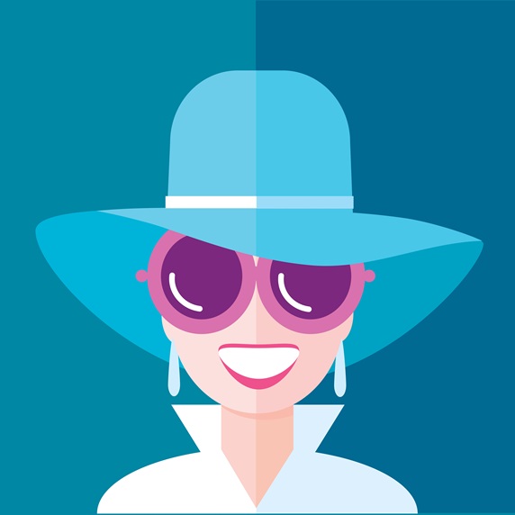 Portrait of fashionable woman wearing blue hat and sunglasses