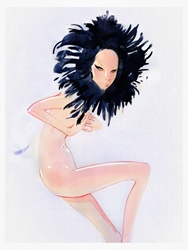 Portrait of naked young woman with black feathers