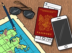 British passport, map and smart phone