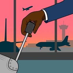 Man's hand pulling suitcase at airport terminal at sunset