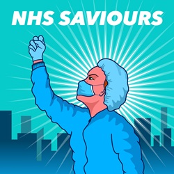 National Health Service female doctor in protective clothing as superhero against city skyline