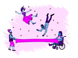 Woman on wheelchair and man holding textile to catch man and woman falling down