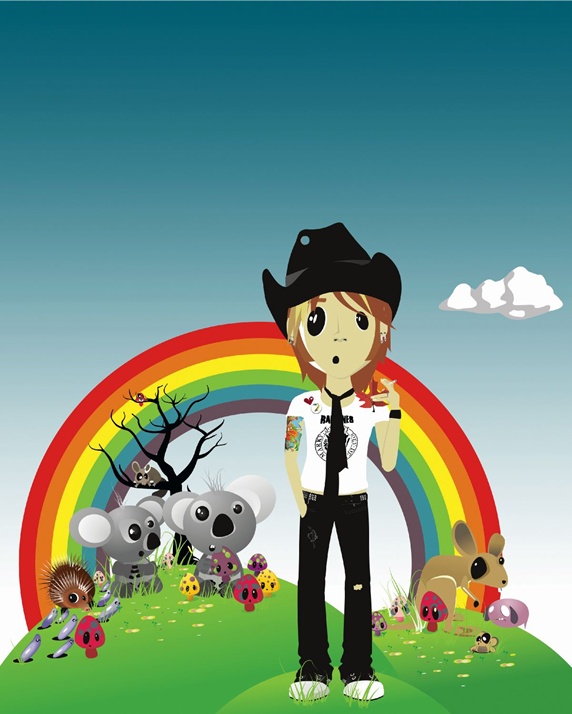 Man in cowboy hat with rainbow and animals